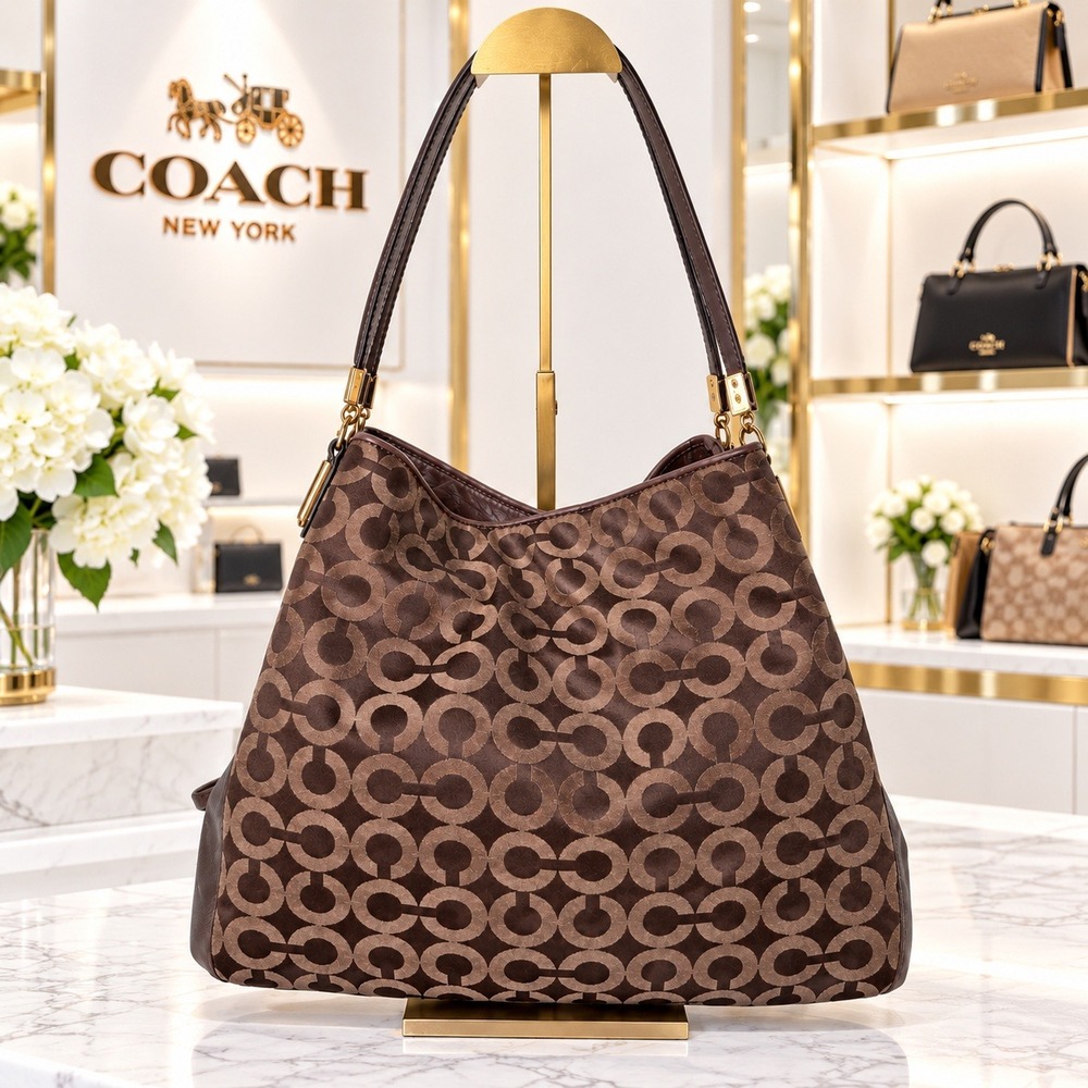 Coach Madison Op Art Sateen Phoebe Shoulder Bag Brown Canvas Leather F34293
